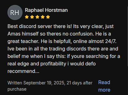 AmasPFT Whop testimonial screenshot from a trading community member