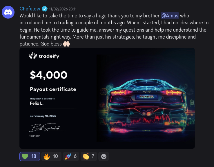 AmasPFT Discord testimonial screenshot from a trading community member