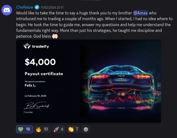 AmasPFT Discord testimonial screenshot from a trading community member