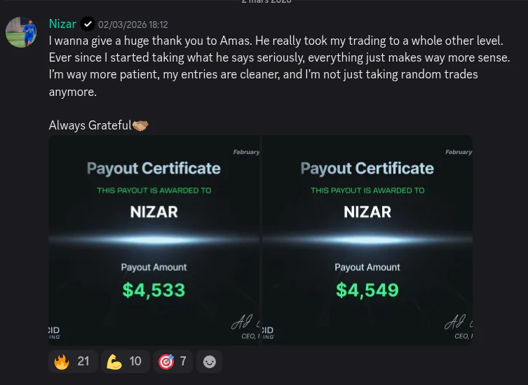 AmasPFT Discord testimonial screenshot from a trading community member
