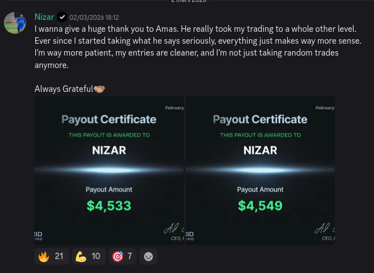 AmasPFT Discord testimonial screenshot from a trading community member