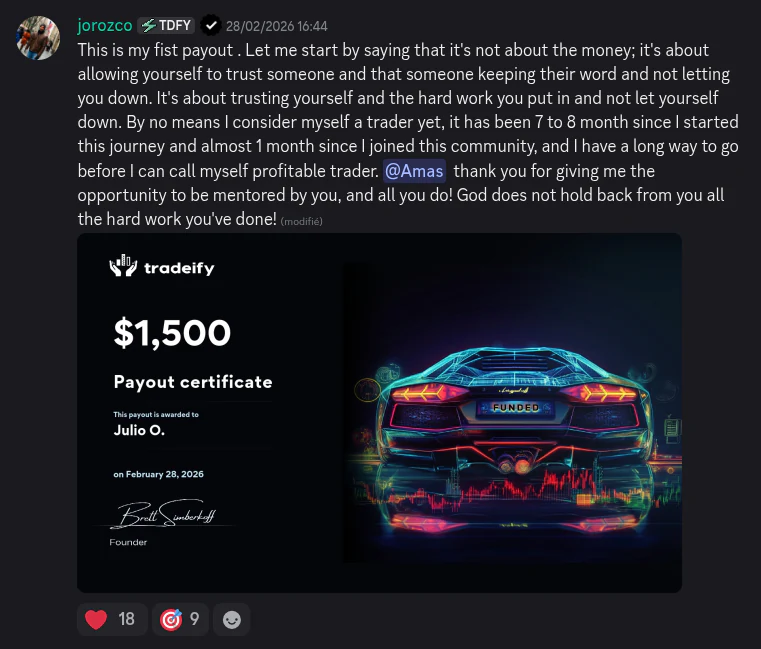 AmasPFT Discord testimonial screenshot from a trading community member