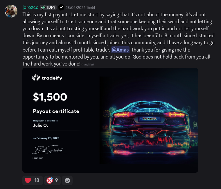 AmasPFT Discord testimonial screenshot from a trading community member