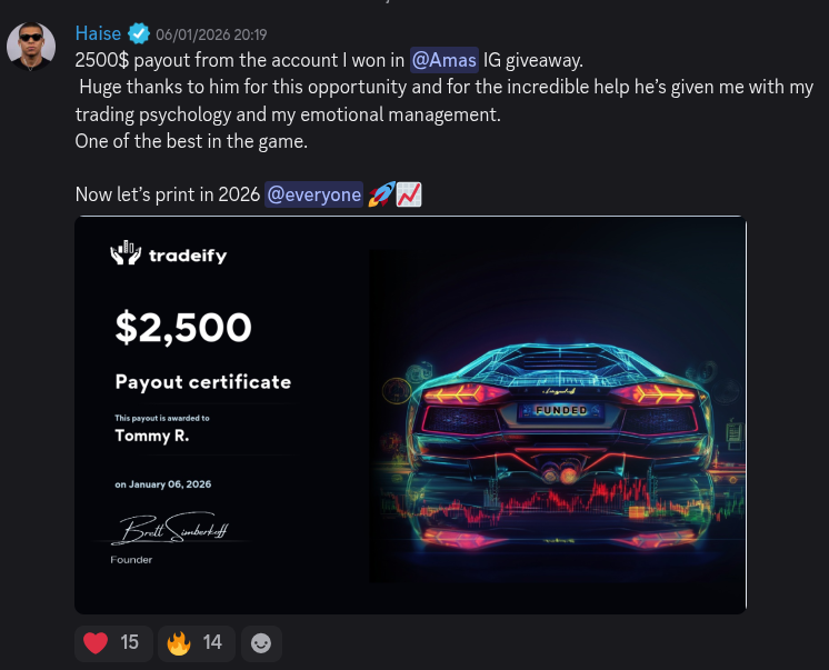 AmasPFT Discord testimonial screenshot from a trading community member
