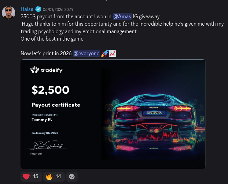 AmasPFT Discord testimonial screenshot from a trading community member