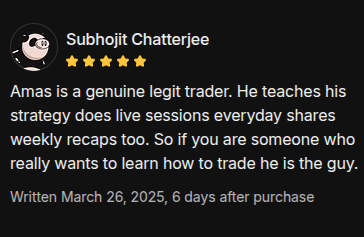 AmasPFT Whop testimonial screenshot from a trading community member