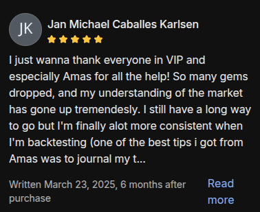AmasPFT Whop testimonial screenshot from a trading community member