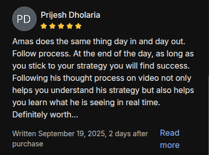 AmasPFT Whop testimonial screenshot from a trading community member