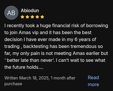 AmasPFT Whop testimonial screenshot from a trading community member