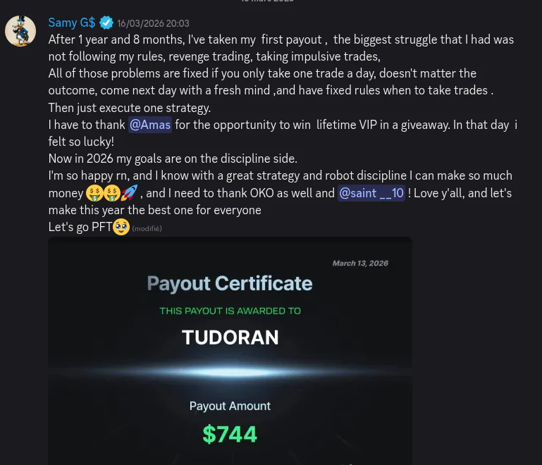 AmasPFT Discord testimonial screenshot from a trading community member