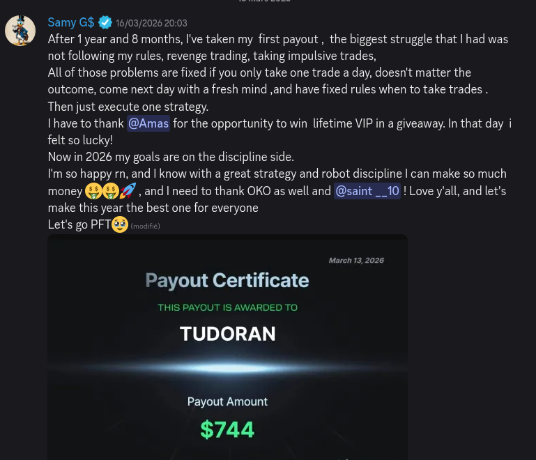 AmasPFT Discord testimonial screenshot from a trading community member