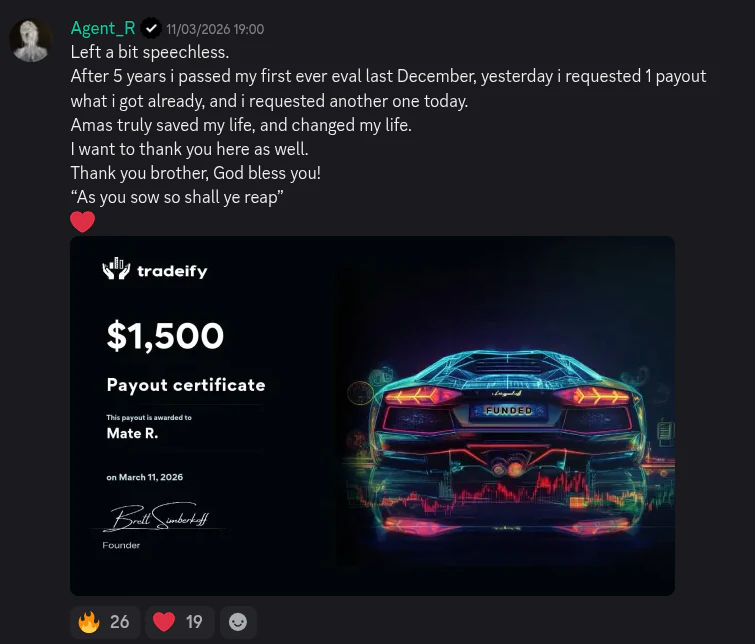 AmasPFT Discord testimonial screenshot from a trading community member