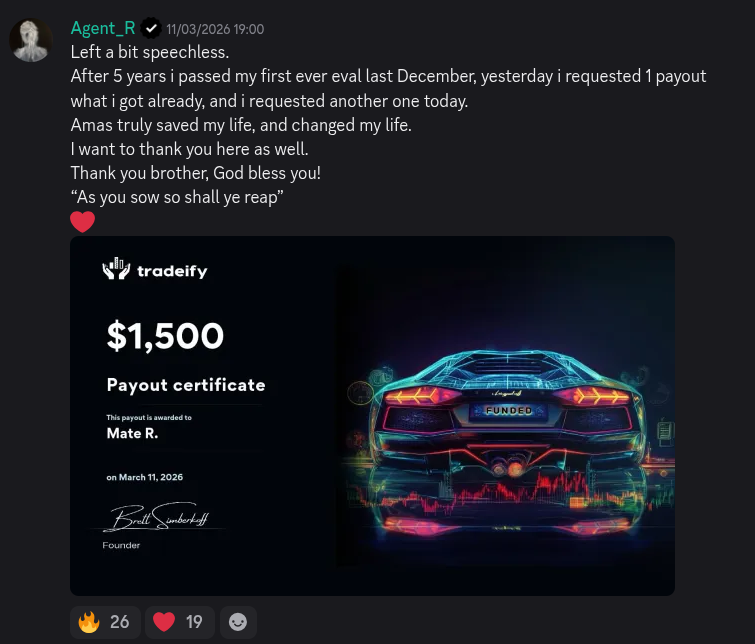 AmasPFT Discord testimonial screenshot from a trading community member