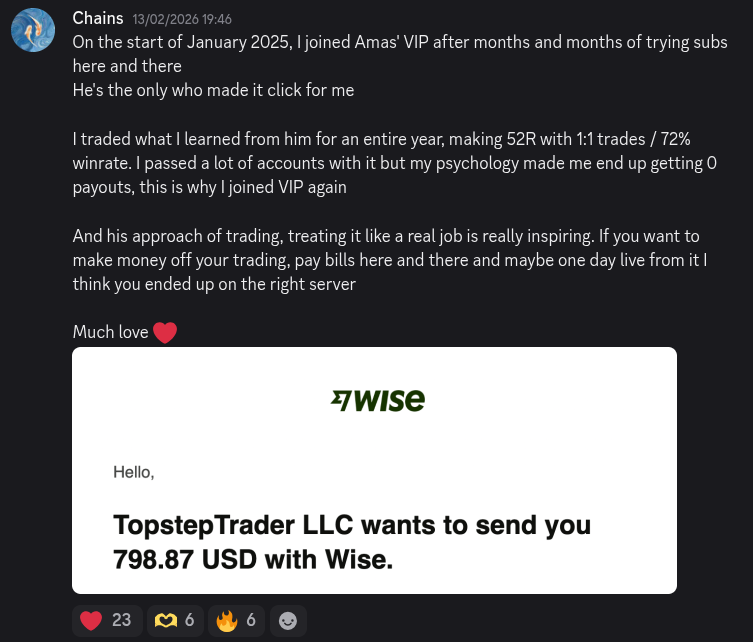 AmasPFT Discord testimonial screenshot from a trading community member