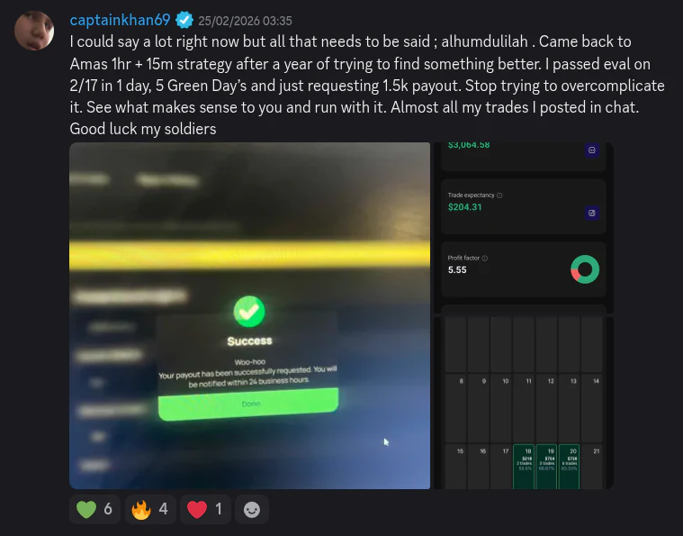 AmasPFT Discord testimonial screenshot from a trading community member