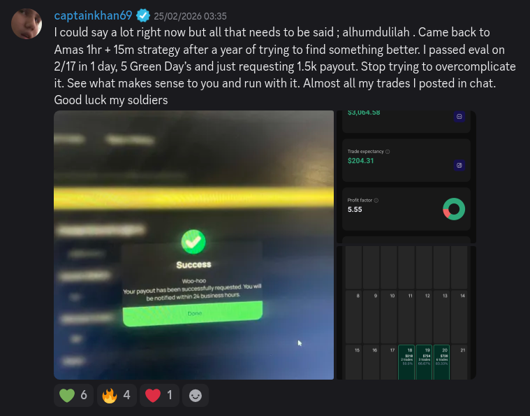 AmasPFT Discord testimonial screenshot from a trading community member