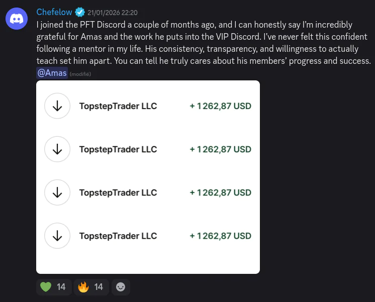 AmasPFT Discord testimonial screenshot from a trading community member