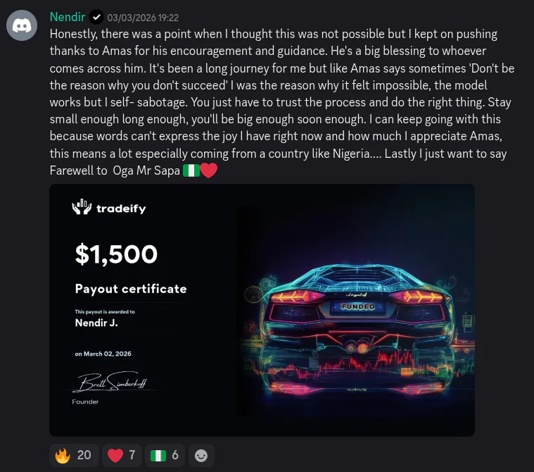 AmasPFT Discord testimonial screenshot from a trading community member