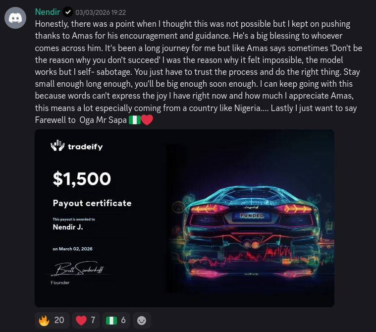 AmasPFT Discord testimonial screenshot from a trading community member