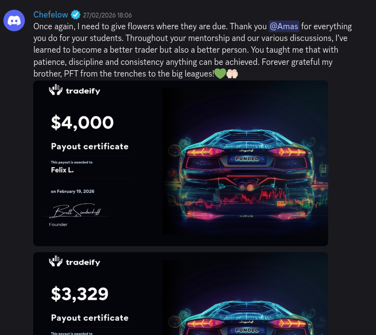 AmasPFT Discord testimonial screenshot from a trading community member