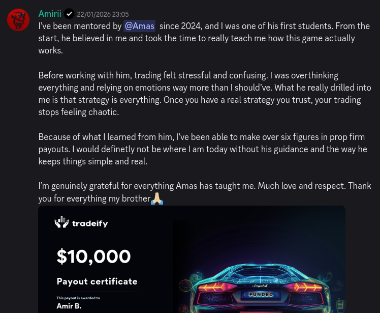 AmasPFT Discord testimonial screenshot from a trading community member