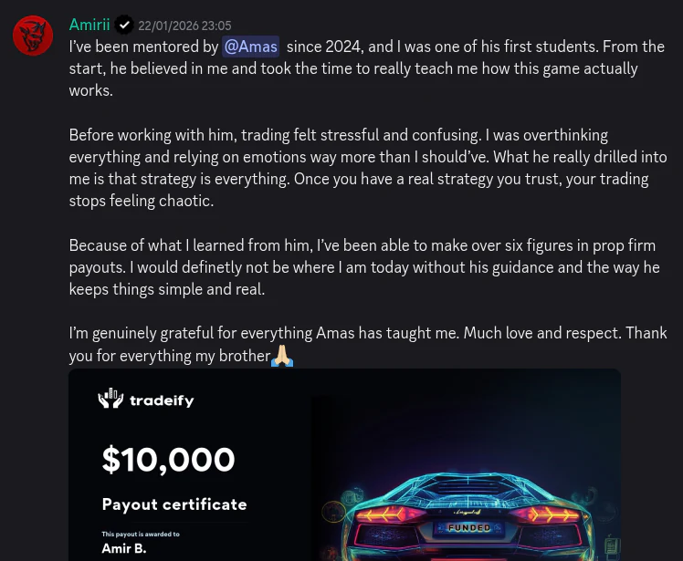 AmasPFT Discord testimonial screenshot from a trading community member