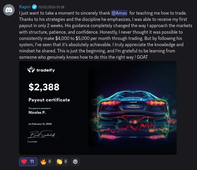 AmasPFT Discord testimonial screenshot from a trading community member
