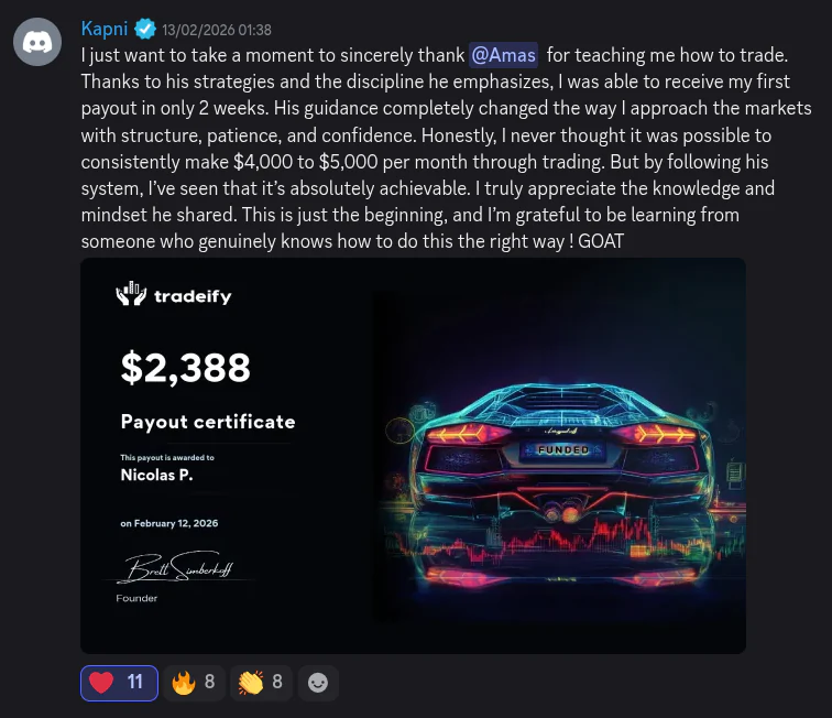 AmasPFT Discord testimonial screenshot from a trading community member
