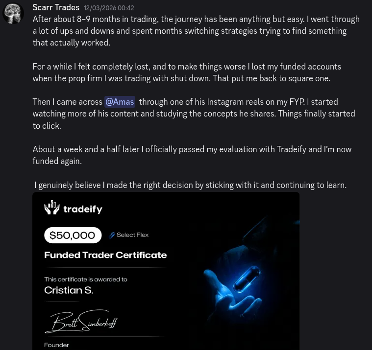 AmasPFT Discord testimonial screenshot from a trading community member