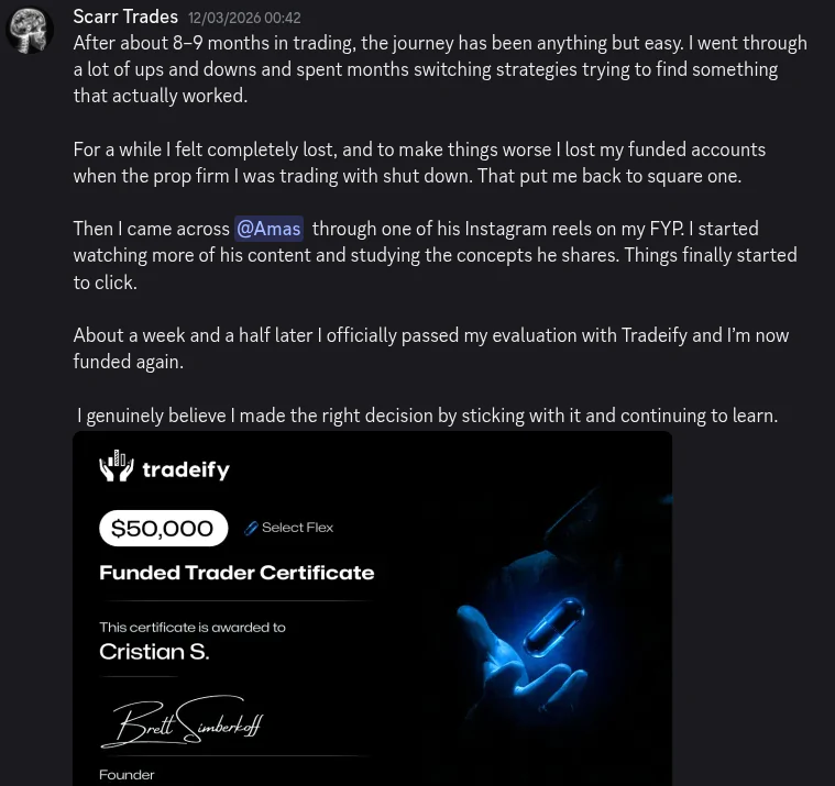 AmasPFT Discord testimonial screenshot from a trading community member