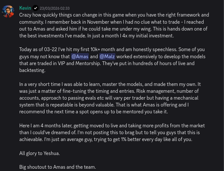 AmasPFT Discord testimonial screenshot from a trading community member
